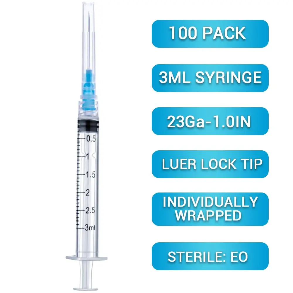 100pcs 3ml Disposable Sterile Luer Lock Syringes with 23Ga 1 Inch Needle Individually Wrapped For Lab