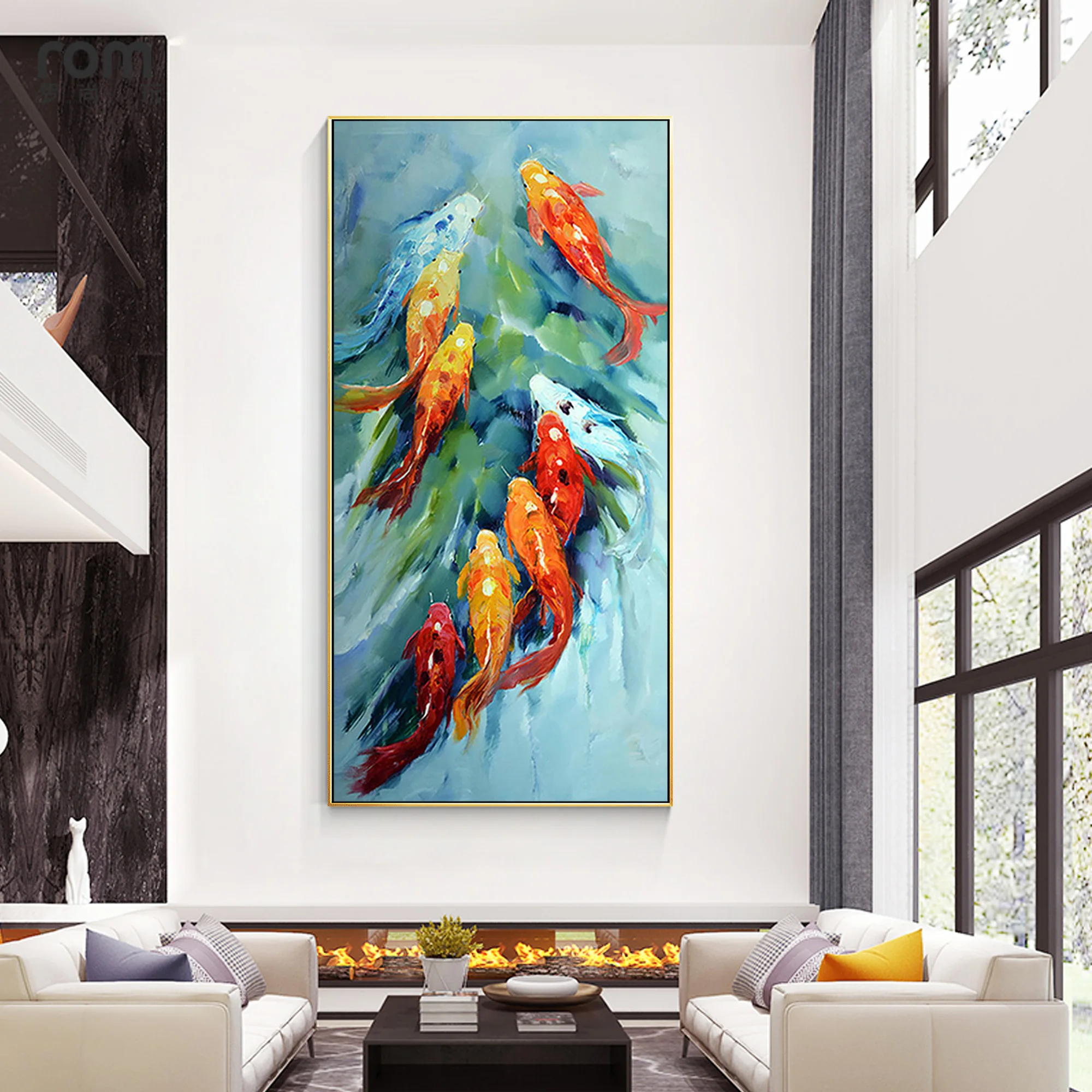 

Koi Fish Painting Original Feng Shui Framed Wall Art Red Orange Koi Light Blue Abstract Art River Painting Large Textured Art