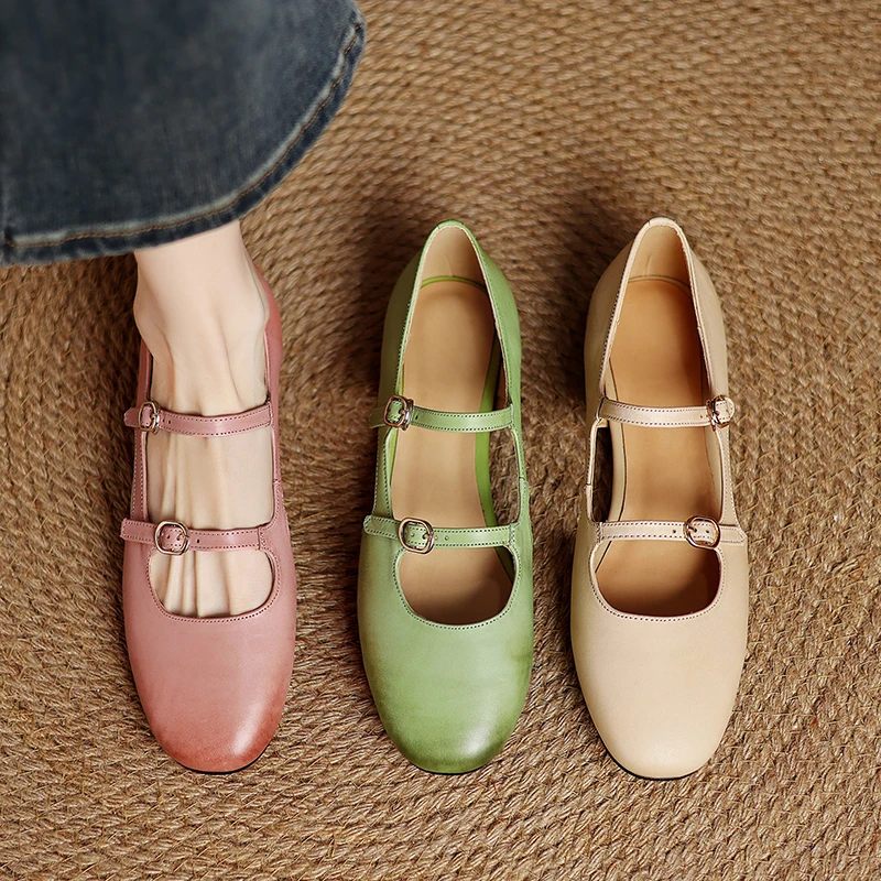 

Women Mary Jane Flats Calf Leather Double Buckle Strap Cutouts Detail Pink Green Beige 0.4 Inch Heel Comfort Casual Dressy Shoes