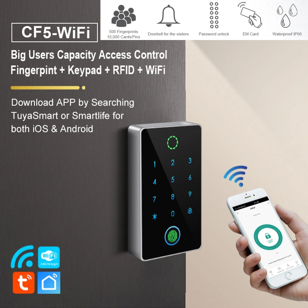 Leshine 500 Users Wifi Touch Keypad Access Control Fingerprint EM Card PIN Doorbell Tuya APP IP66 Waterproof for iOS Android