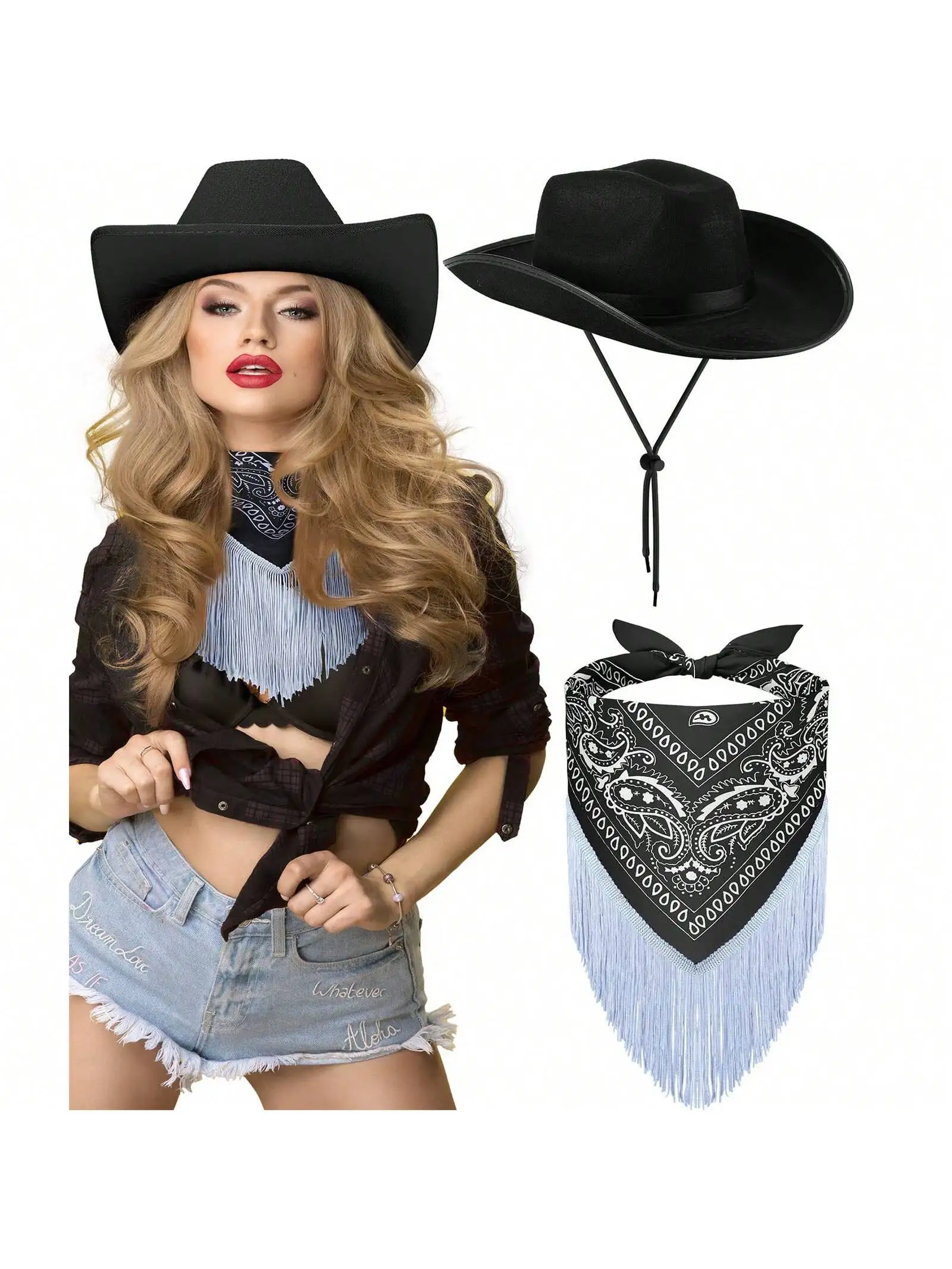 2pcs Cowgirl Hat Disco Fringed Bandana Felt Cowboy Hat with Adjustable Neck String and Ribbon Paisley Bandanas Love Heart Glasse