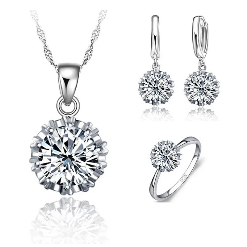 925 Sterling Silver Color Zestawy biżuterii ślubnej dla kobiet Big Stone CZ Cubic Zirconia Naszyjnik / kolczyk / zestaw pierścionków Rozmiar 5-10 — zdjęcie 2