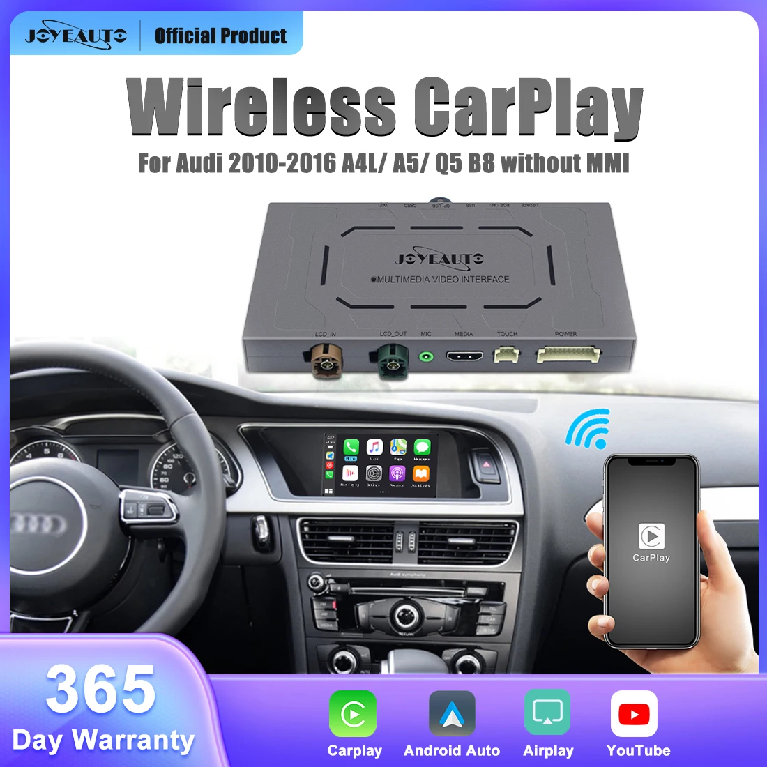 

JOYEAUTO Wireless Apple CarPlay Android Auto Retrofit Kit for Audi A4L A5 Q5 B8 2010-2016, with Mirror Link AirPlay Functions