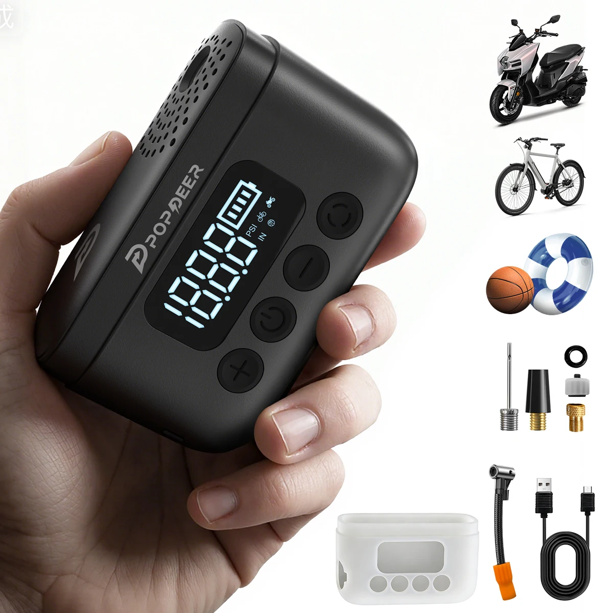 Pompe à vélo électrique portable POPDEER P-T01 Mini 150 PSI, valve Presta et Schrader, batterie 1000 mAh, moteur sans balais, lumière LED