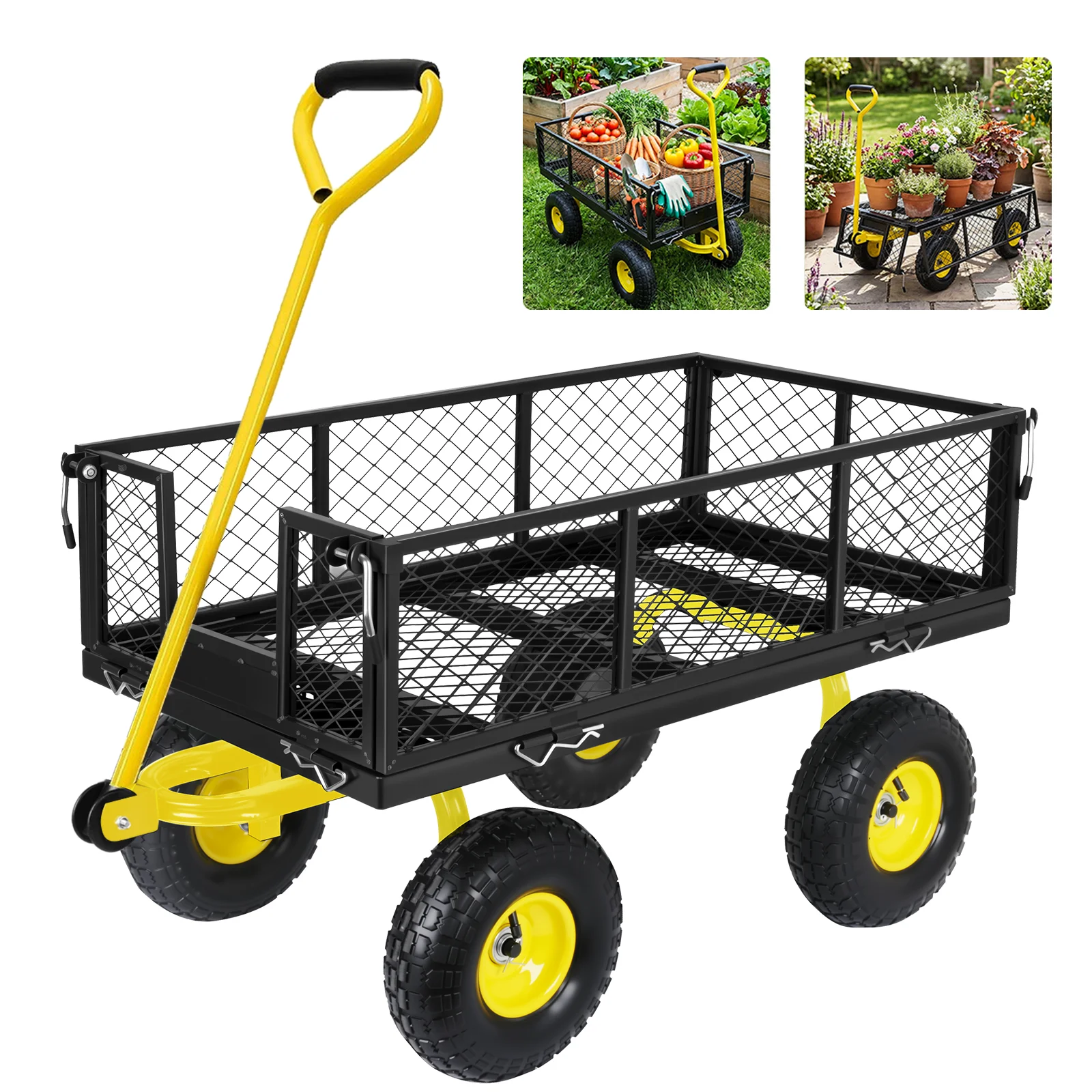 Chariot de jardin robuste en acier de 900 lb, chariot utilitaire 2-en-1 avec côtés amovibles, roues de 10 po, rotation à 360° °   Rotatif pour jardin, ferme, cour