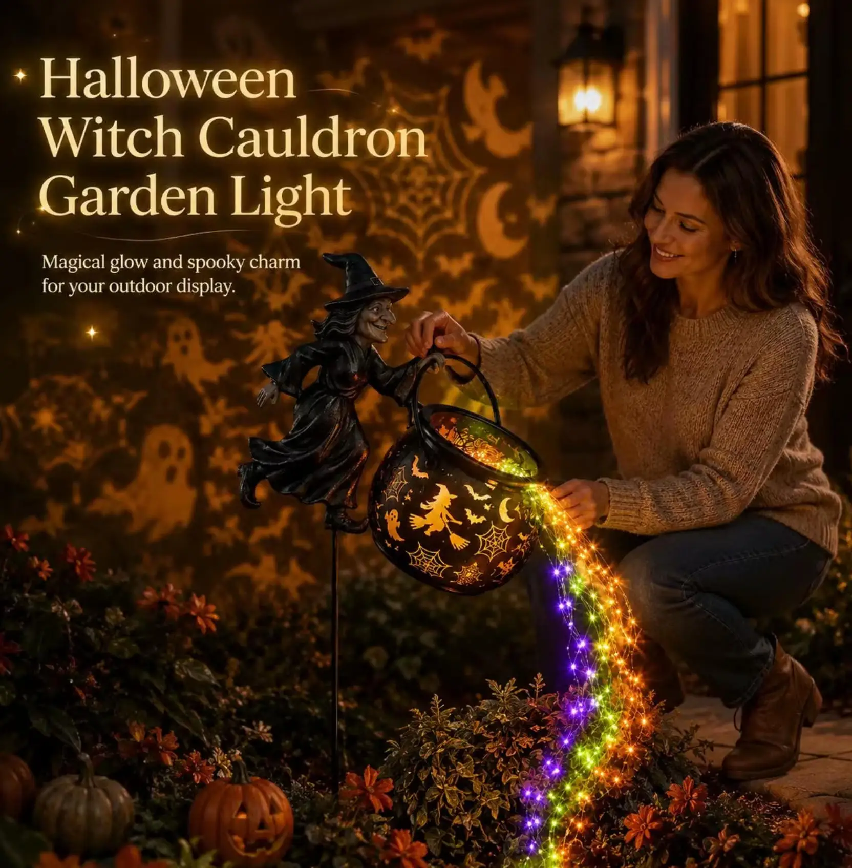 Halloween Magical Flying Witch Cauldron Garden Light LED String Light , Outdoor Patio Yard Decorations Whimsical Gnome Statue - view 3