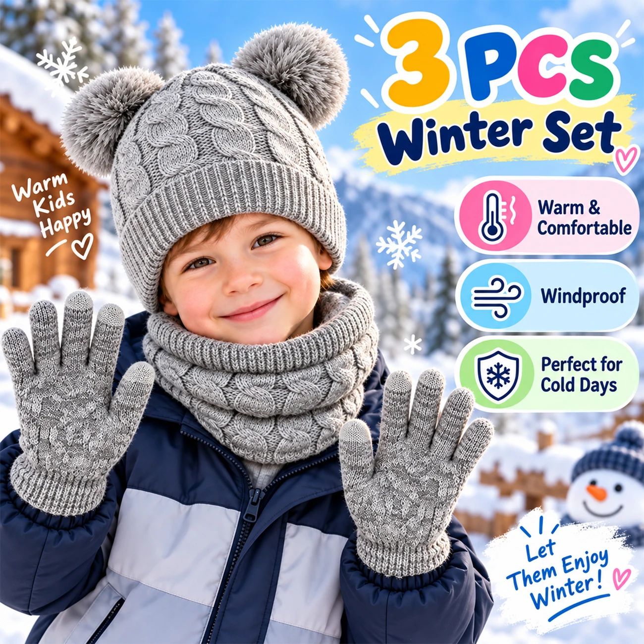 3PCS Kids Winter Set Knitted Hat Scarf Gloves Warm Pom Pom Beanie Neck Warmer Gloves for Girls Boys