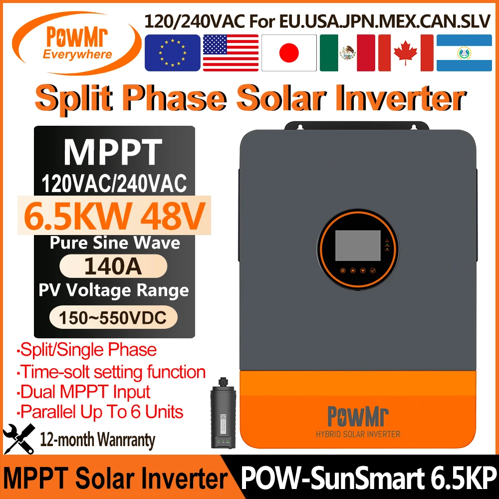 PowMr 6.5KW Hybrid Solar Inverter 48VDC to 110VAC Single Phase & 220VAC Split Phase Output With MPPT 140A Charger Max PV 550VDC