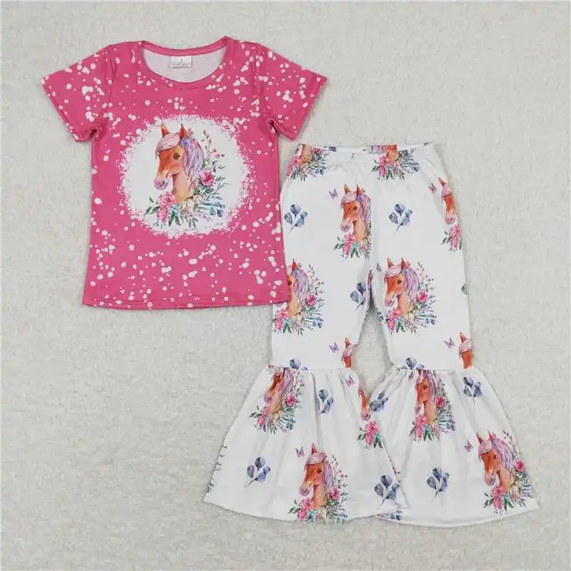 New Fashion Match Baby Girls Sibling Horse Boots Tee Top Bell Pants Western Outfit Wholesale Boutique Fashion Children Clothing