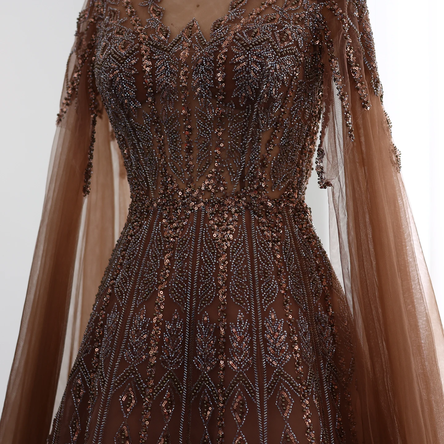 Sharon Said Luxuriöses Dubai Blaues Abendkleid mit Cape-Ärmeln in Übergröße, A-Linie, Arabisches Hochzeits- und Festkleid SS001, Maßanfertigung – Detail 12