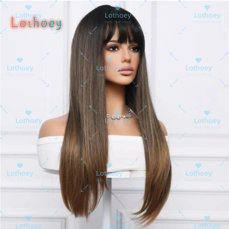

Women's Straight Wig with Brown Bangs - Natural Look, EverydaySpecial Occasions - Beginner-Friendly Humen Hair Silk base wig