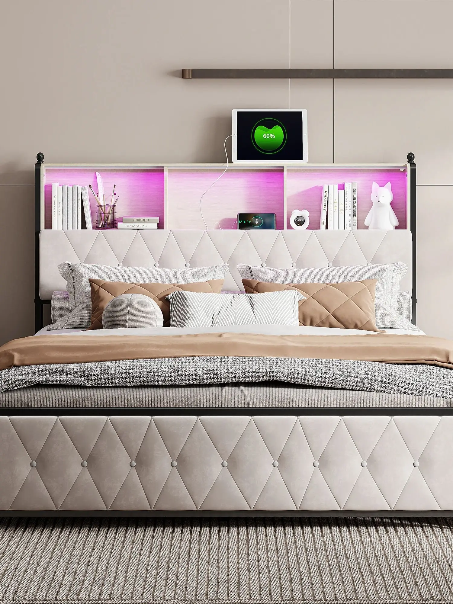 Gepolsterter Bettrahmen, Full/Queen/King, Doppelbett mit vier Schubladen, Kopfteil mit Ablagefach, ohne Matratze