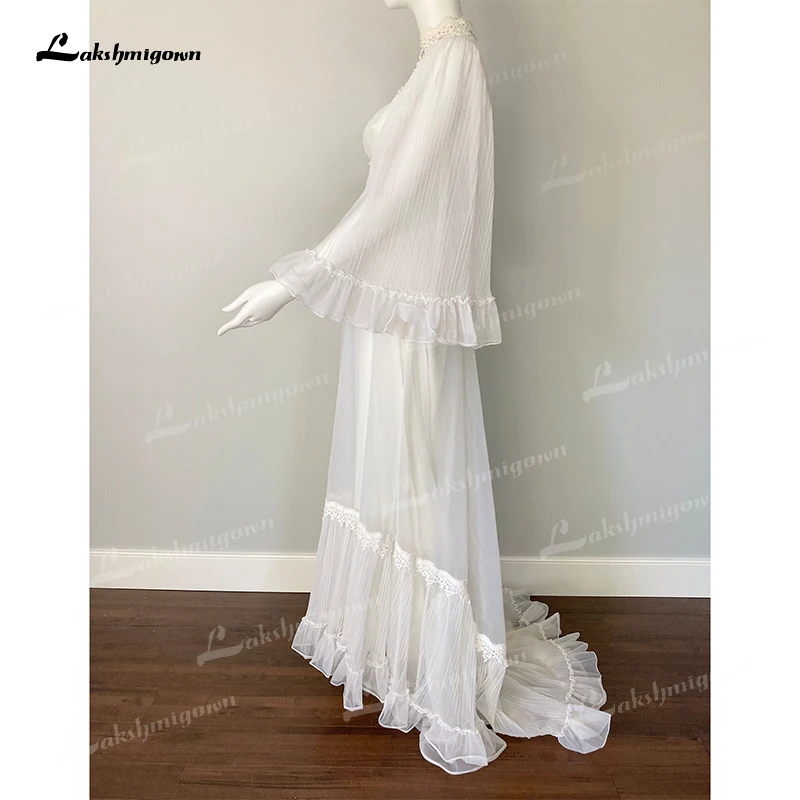 Boho High Collar Full Flare Sleeve Lace Appliques A-Line Wedding Dresses Netting Bridal Gowns Sweep Zipper Floor robe de mariée