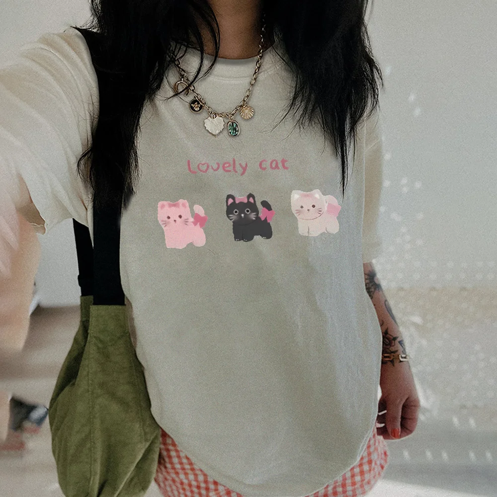 Summer Loose Short Sleeve T-Shirt Lovely Cat Graphic Tees Breathable Soft Women’s Cotton Round Neck Tops Y2k Female Clothing