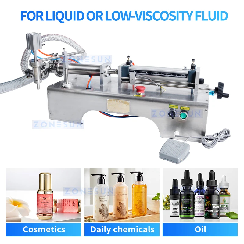 ZONESUN Horizontal Pneumatic Shampoo Wine Vinegar Cooking Oil Soap Liquid Bottle Piston Filling Machine Water Filler ZS-YT1