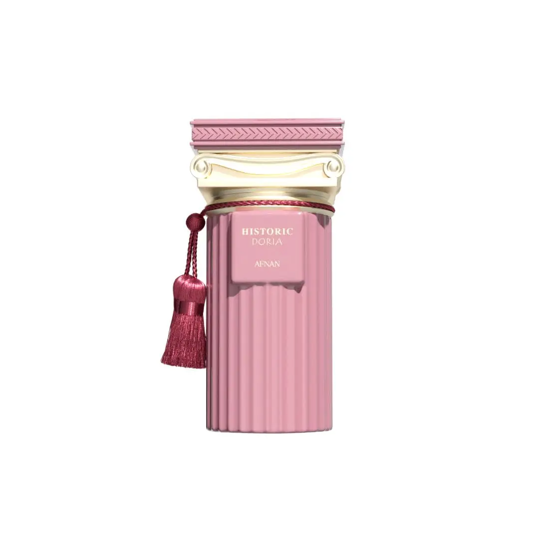 Afnan Historic Doria Eau De Parfum, 3.4 oz. Sweet and Fresh Floral-Fruity Scent; White Floral, musky, Fruity, and Woody Notes; Matte Pink Vertical-Striped Cylindrical Bottle; Women's Perfume, 100 ml