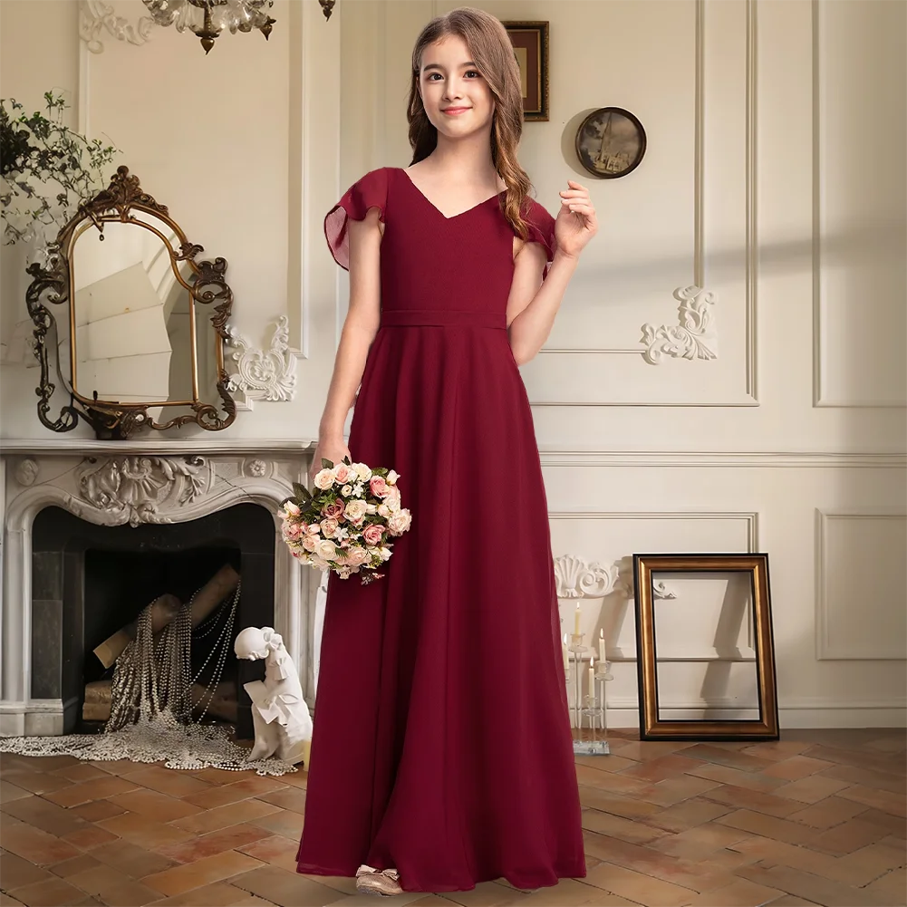 

Junior Bridesmaid Dress Chiffon V-Neck Floor-Length Flower Girl Dress A Line Cascading Ruffles Wedding Girls Formal Occasion