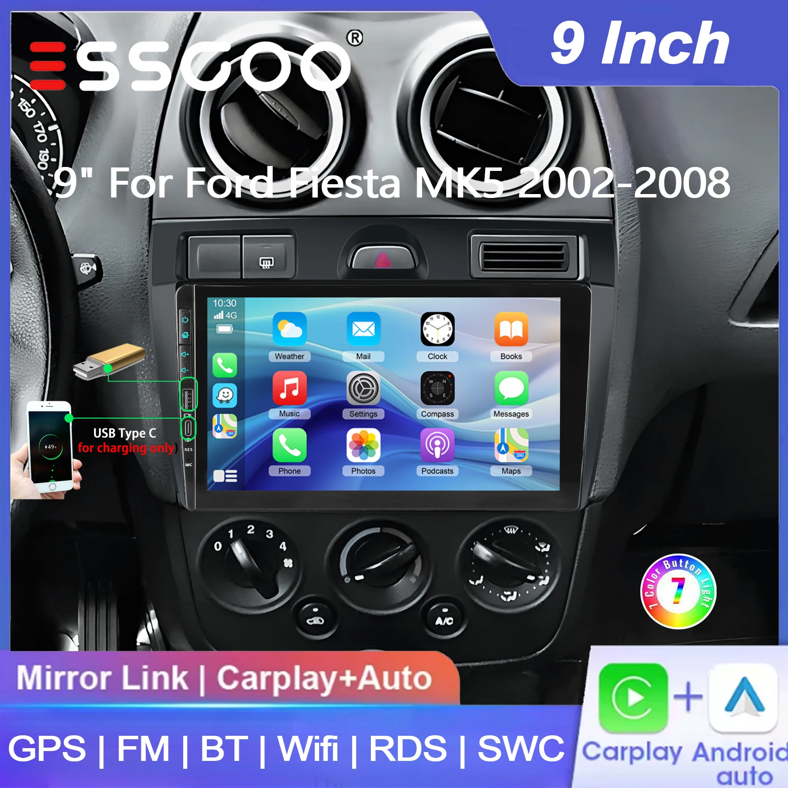 ESSGOO 9" 4+64G Android 15 für Ford Fiesta MK5 2002-2008, kabelloses Carplay, Android Auto, Autoradio, GPS-Navigation, USB Typ-C, FM, Bluetooth, WiFi, RDS, ASP, Mirror Link, SWC, QLED-Touchscreen,