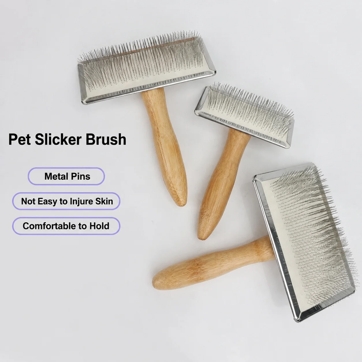Pet Slicker Brush Bamboo Handle Dog Cat Grooming Comb Metal Pin Brush Hair Remover Tool