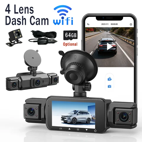 4-channel 360° panoramic dash cam with 3.0-inch HD display, wide angle, super night vision, WiFi connection, loop recording and