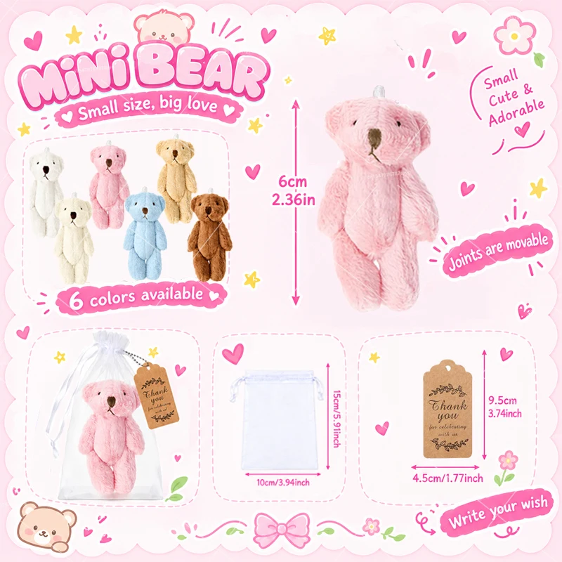 10-150Pcs Mini Bear 6cm Plush Stuffed Joint Bear Baby Shower Keychain Birthday Cake Graduation Wedding Party Favors Gifts view 6
