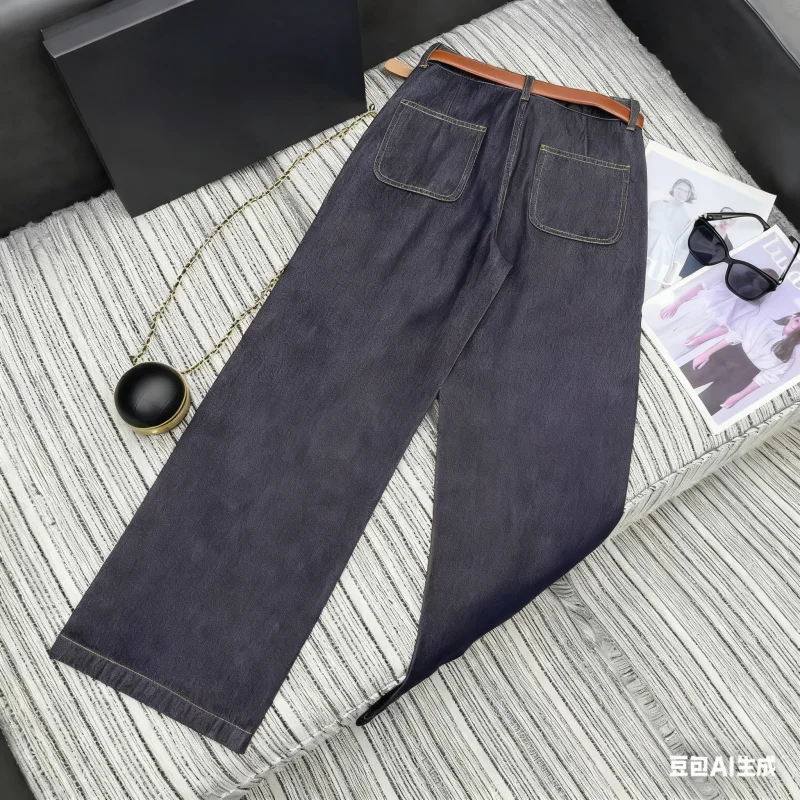 

2025 autumn and winter women's embroidered waistband denim straight leg pants HL086