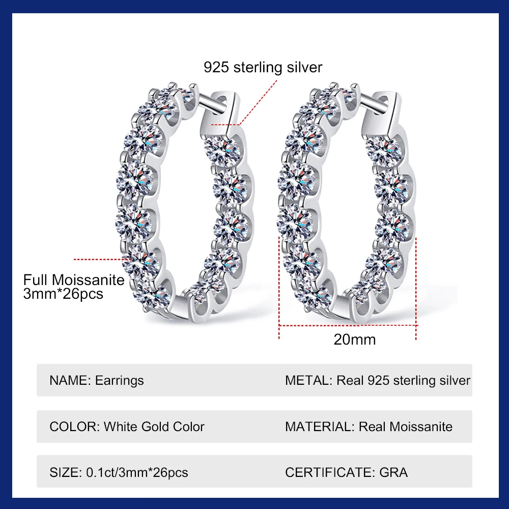Sweetrain 3mm GRA Certified Moissanite Earrings for Women D Color 2.6CT Diamond Earring Original 925 Sterling Silver Hoops