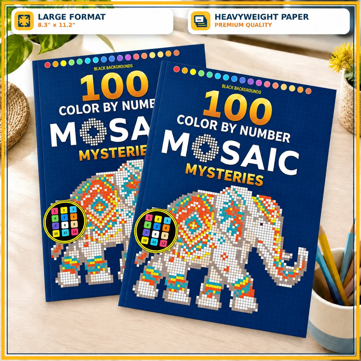 100 Color by Number Mosaic Mysteries Book, Pixel Art Coloring, Black Backgrounds, Large 8.3 X 11.2 Inch, Adults Relaxation Gifts