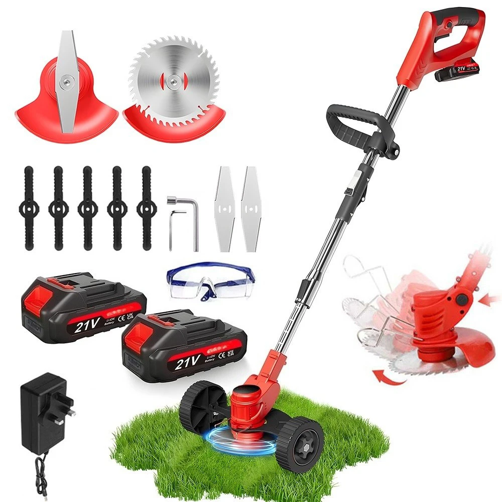21V Kabelloser Rasenmäher mit Rädern und 2 Akkus, Roter Bürstenreiniger zum Schneiden und Formen von Gartengrenzen