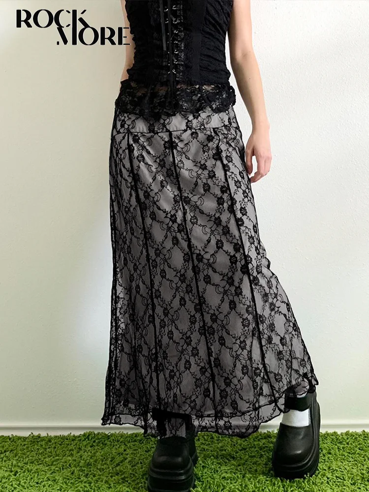 

Rockmore Lace Double Layer Long Skirts Black Baggy y2k Aesthetic Straight Midi Skirts femme Clothing 2000s Grunge Fairycore