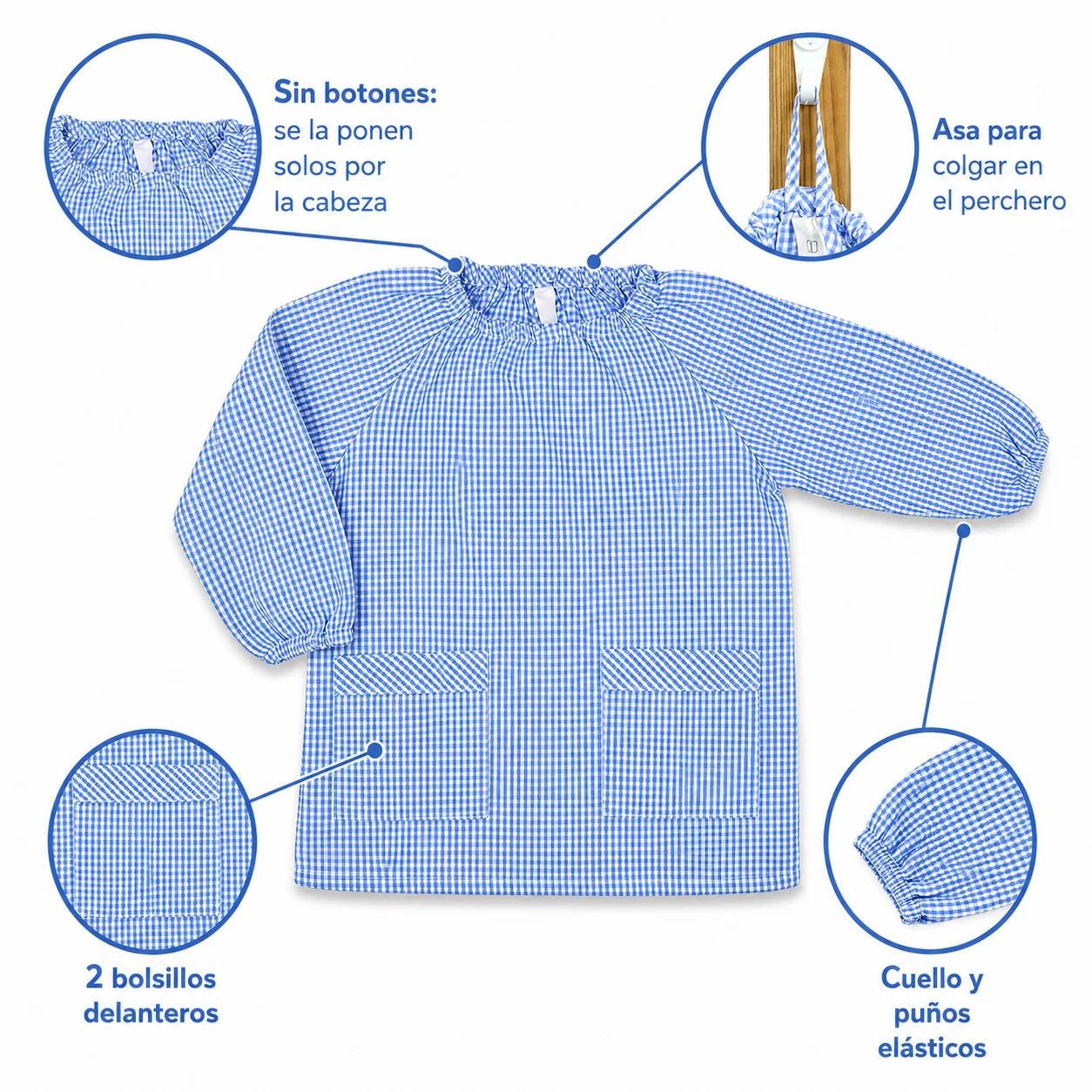 Bata Escolar Infantil Babi Cuadros Vichy Sin Botones con Cuello y Puños Elásticos Unisex Niño Niña Guardería Preescolar Colegio Manualidades Pintura Vuelta al Cole Tallas 1-7 Años Varios Colores