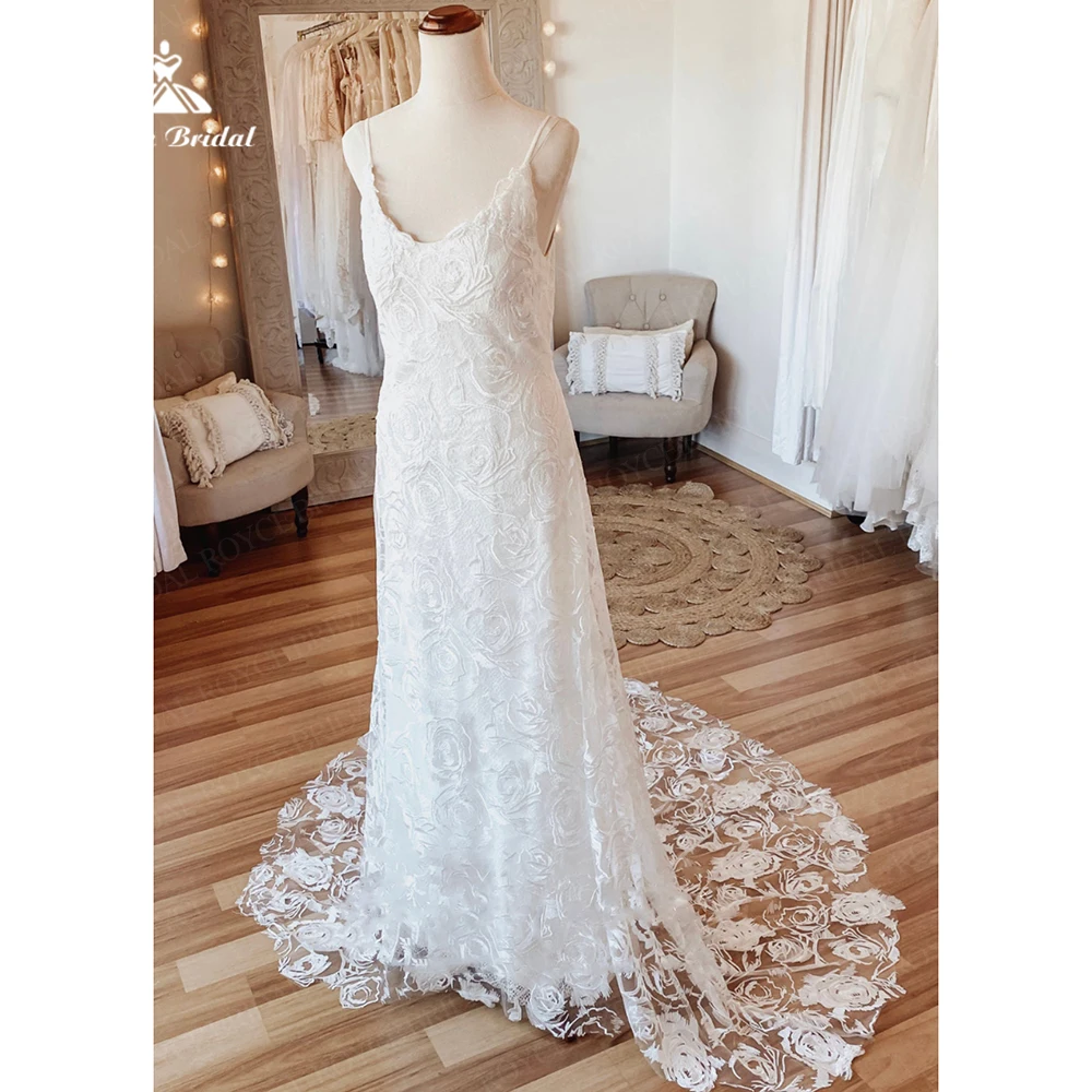 Roycebridal scollo a V abito da sposa in pizzo floreale Boho senza spalline guaina modesto abito da sposa senza schienale abito da festa abito da sposa