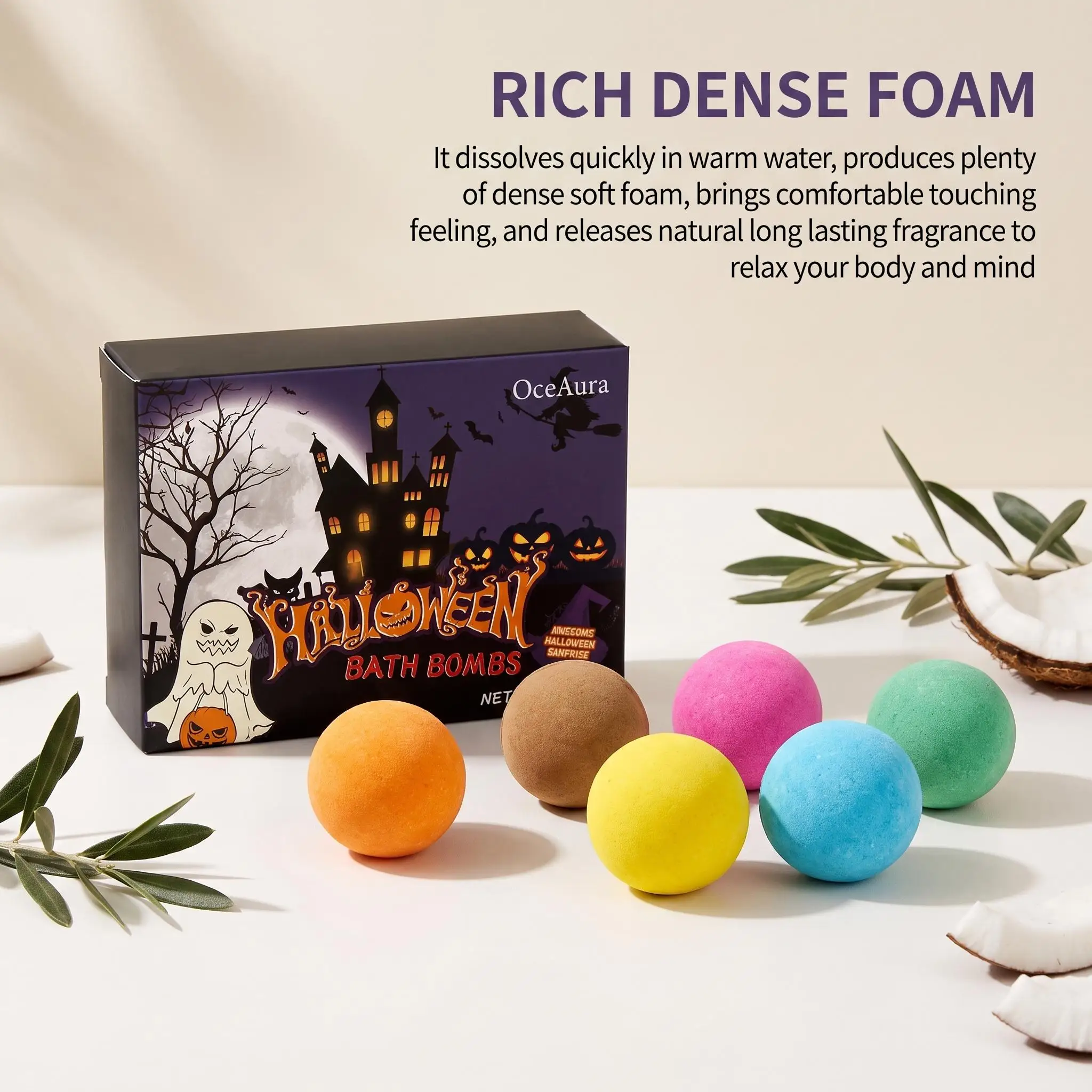 OceAura Halloween Bath Fizzies Set 12 Pack Handmade Skin Friendly Stress Relief Bathtime Fun Natural Mega Bubbles Surprise Hidden Toys Gift Set