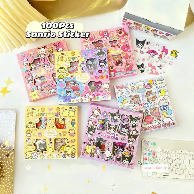 100Pcs Sanrio Kuromi Melody Cinnamoroll PET Transparent Waterproof Stickers Cartoon DIY Stationery Hand Ledger Sticker Gift Box