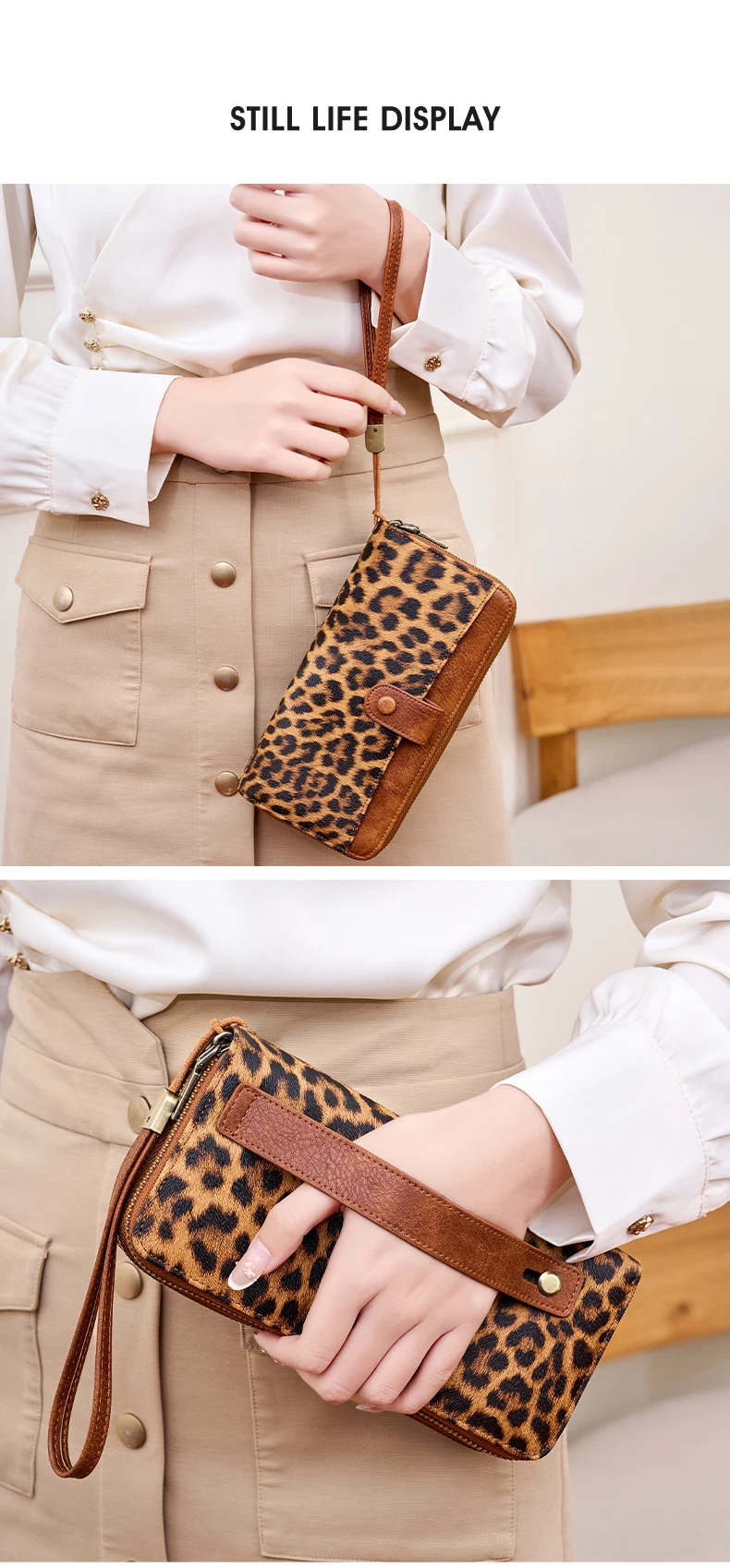 Stilvolle Damen-Langbörse mit Doppelreißverschlüssen, großer Kapazität, Akkordeon-Kartenhalter, Clutch, Retro-PU-Leder-Münzbörse, Unisex – Detail 6
