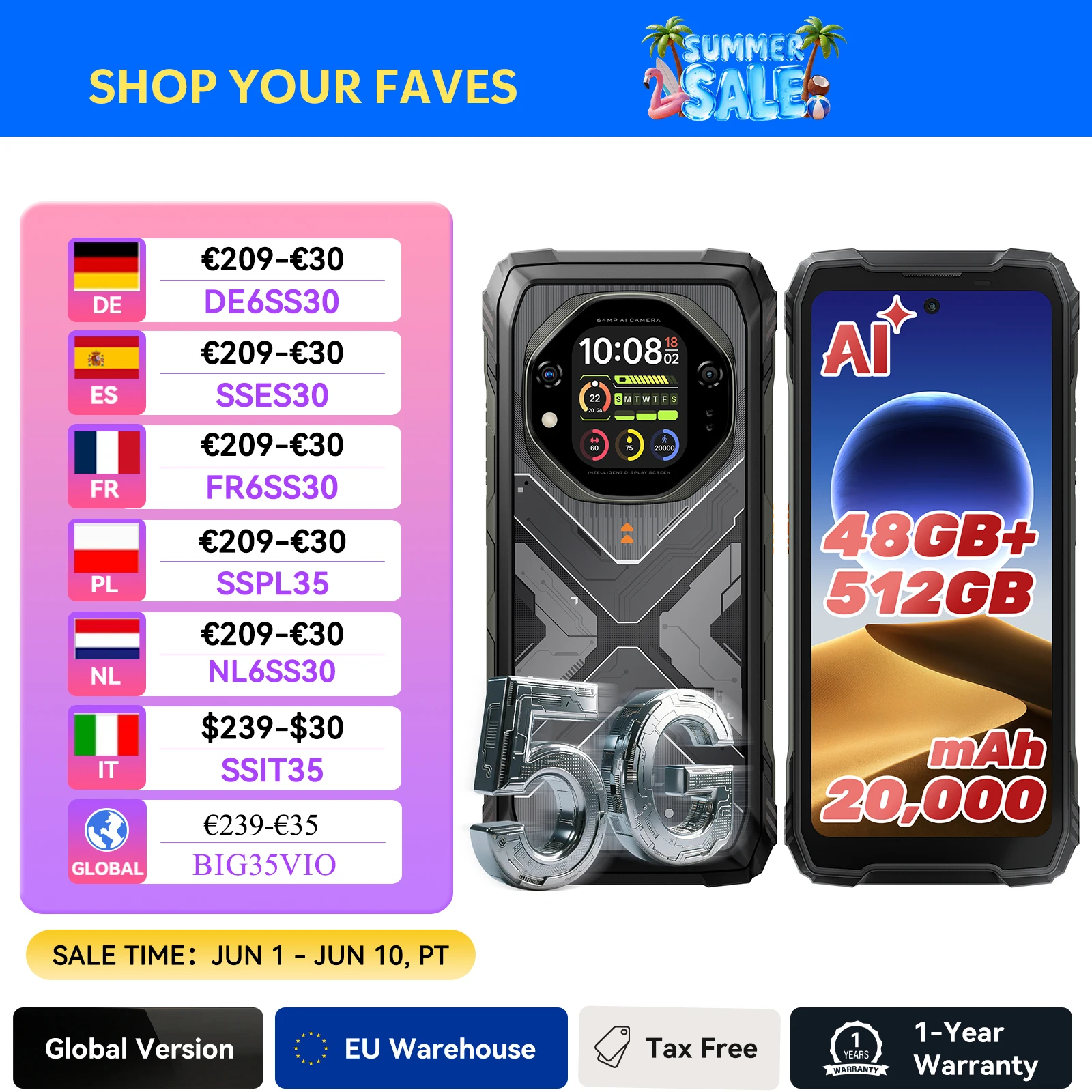 Smartphone robuste OSCAL TANK 1 5G, 20000mAh/55W, écran FHD+ 6,78 pouces 120Hz, MTK7050, appareil photo 64MP+50MP, IP68/IP69K/GPS/NFC Android 15