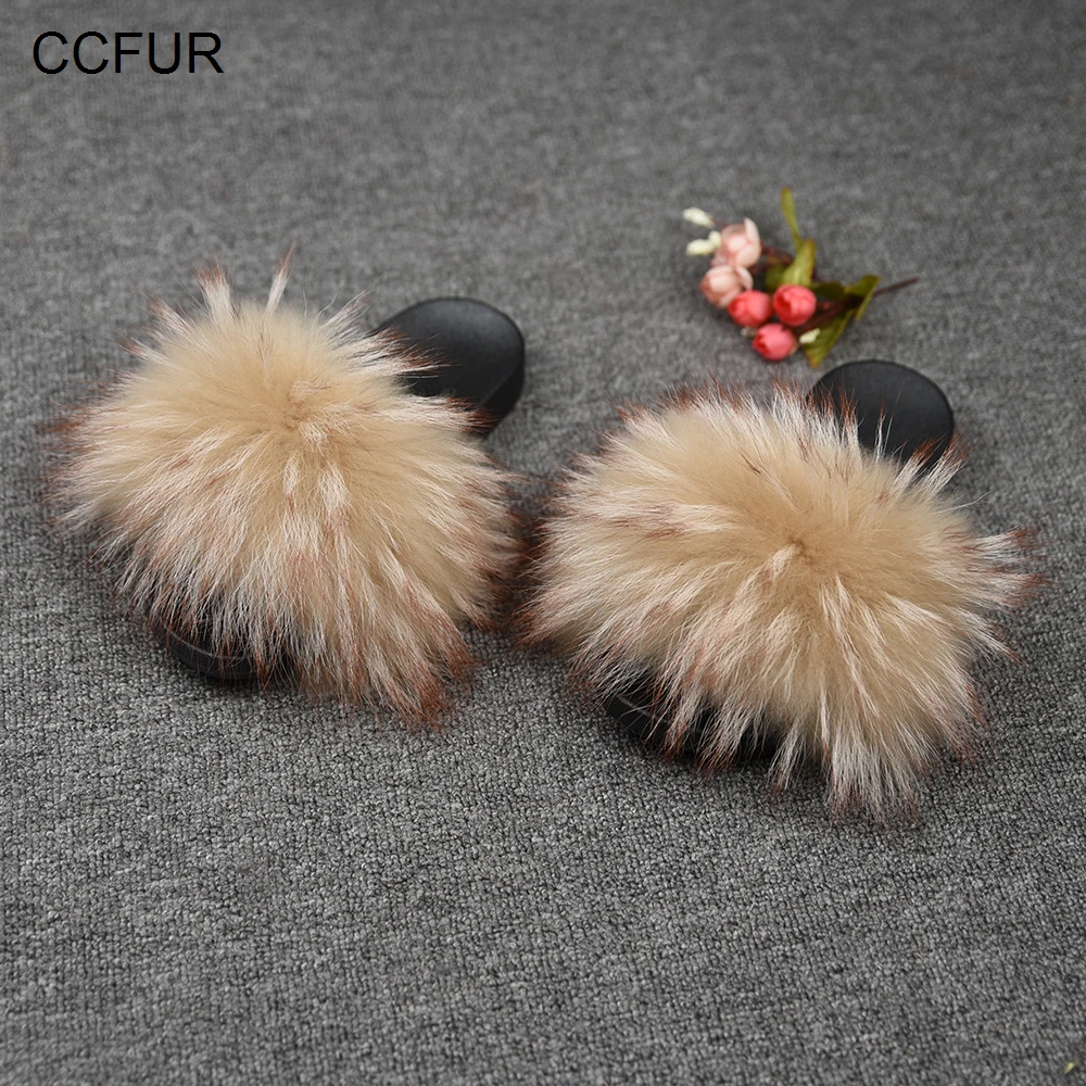 Women's Fur Slipper Real Raccoon Fur Fashion Style Furry Slides Soft Warm Big Fluffy Fur Shoes S6020E