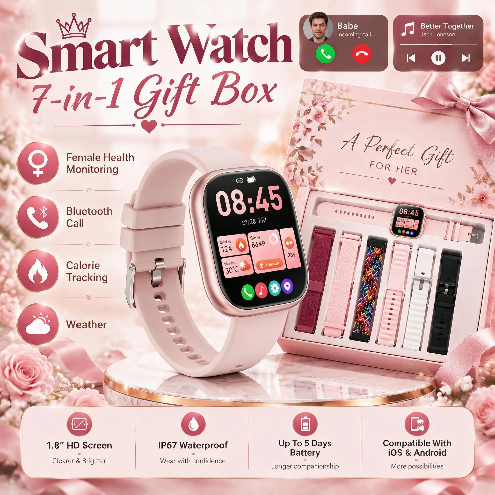 Reloj inteligente mujer 1,83" HD, llamada Bluetooth, monitoreo salud femenina, IP68 impermeable, rastreador fitness, 100+ modos deportivos