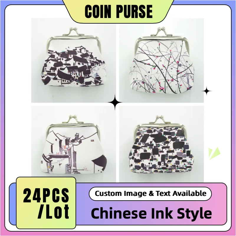 

24PCS/Lot Chinese Ink Style Coin Purse , PU Leather, Mini Wallet, Pouch, Travel Gift, Souvenir, Daily Use, Bulk Wholesale Supply
