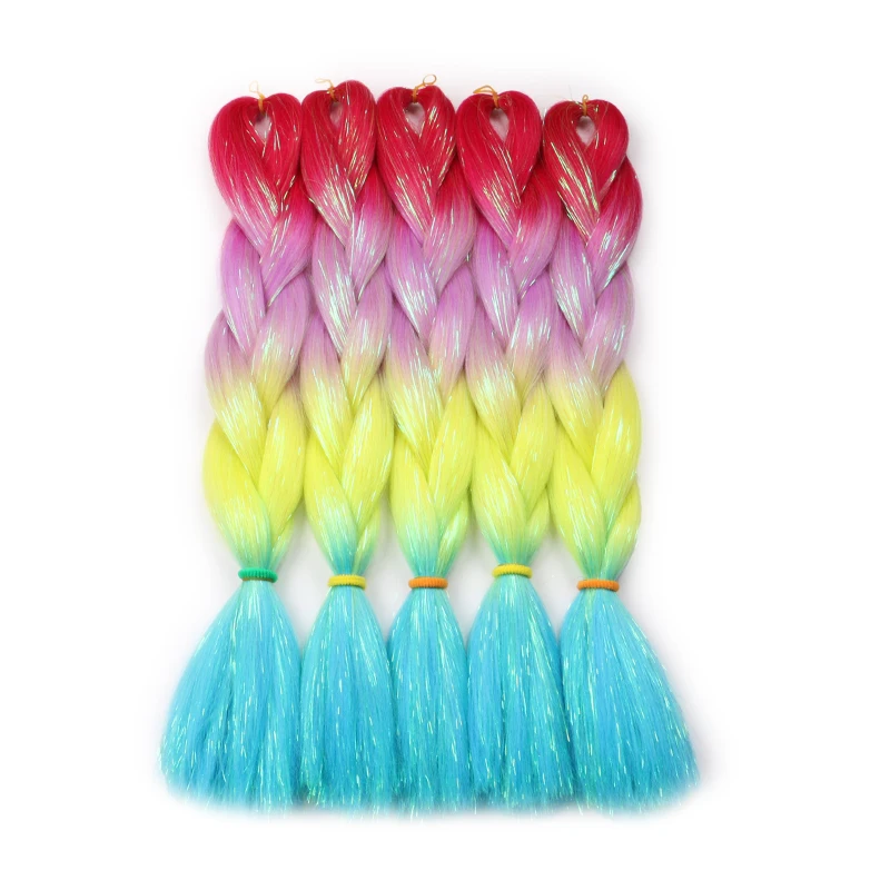 Extensions capillaires synthétiques 24 pouces, 1 pièce, mélange de tresses scintillantes, rose rouge vert