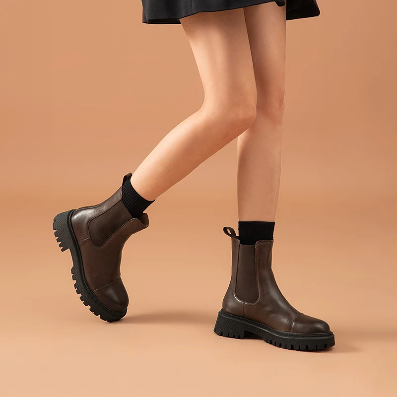 Botas de tornozelo chelsea para mulheres, couro genuíno de vaca, cinta elástica, sapatos femininos, feitos à mão, A02379, hoje não, primavera, outono