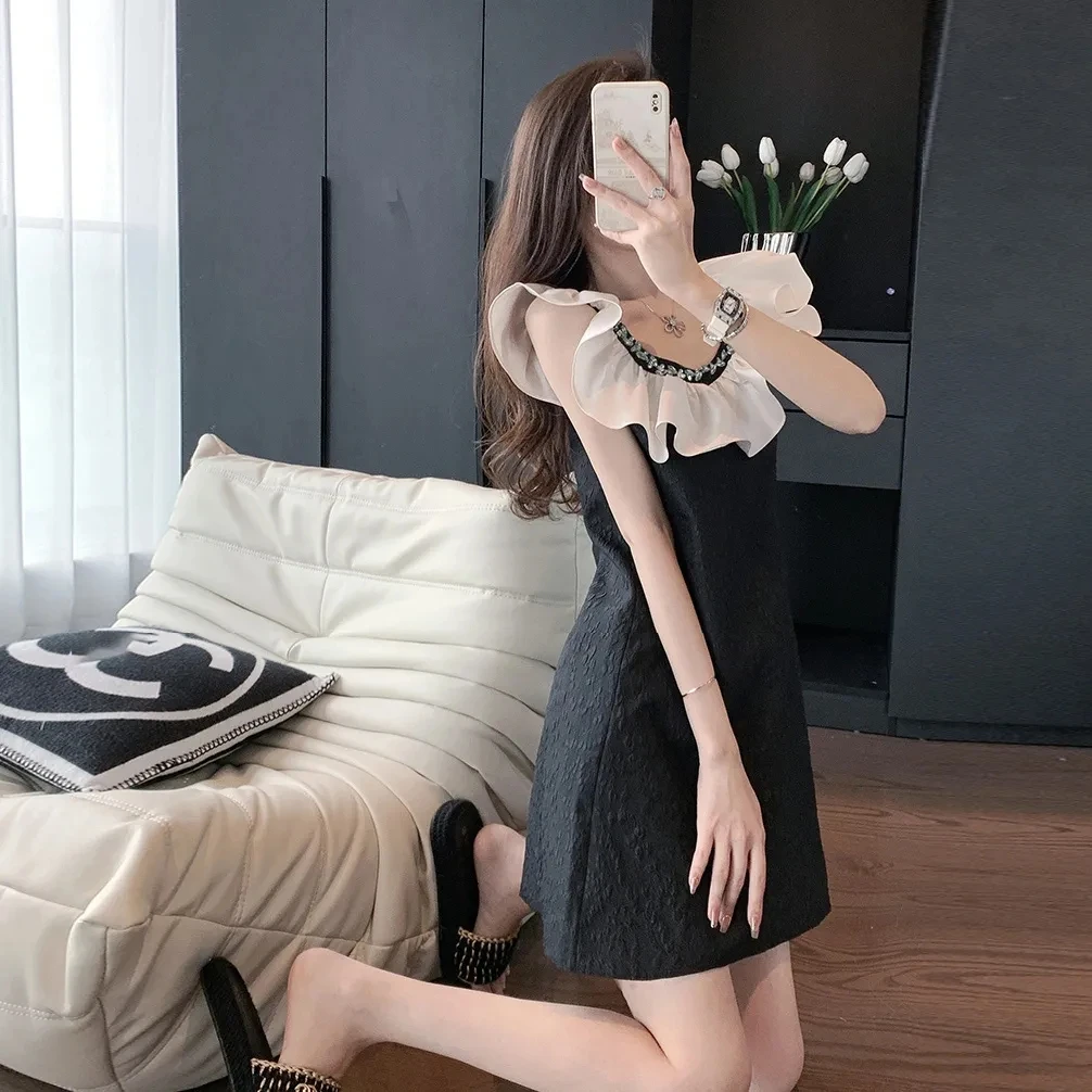 Women's Summer 2023 New Unique Party Luxury Black Pattern Sleeveless Dress