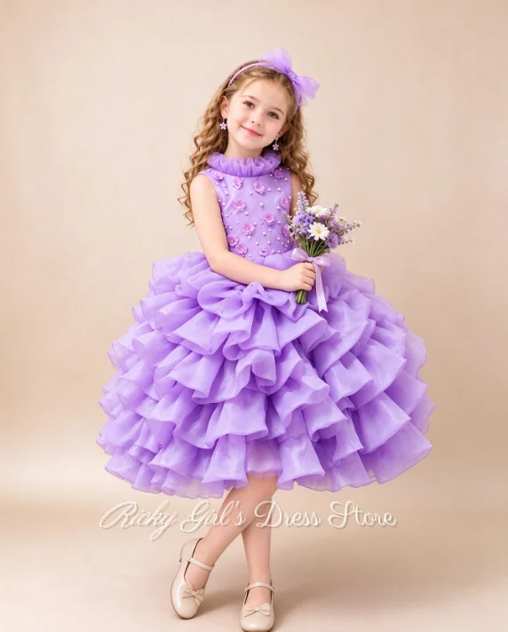 Purple Flower Girls Dresses High Neck Sequin Appliques Princess Dress For Kid Birthday Party Evening Ball Gowns Customized
