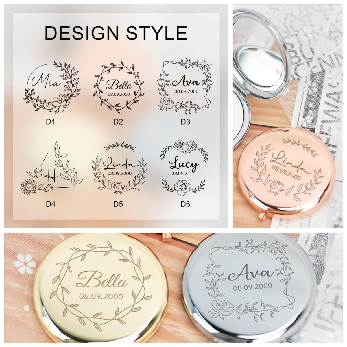 Custom Engraved Small Metal Makeup Mirror, Easy to Carry, Lovely Present for Girls, Friends, Birthdays and Valentine’s Day
