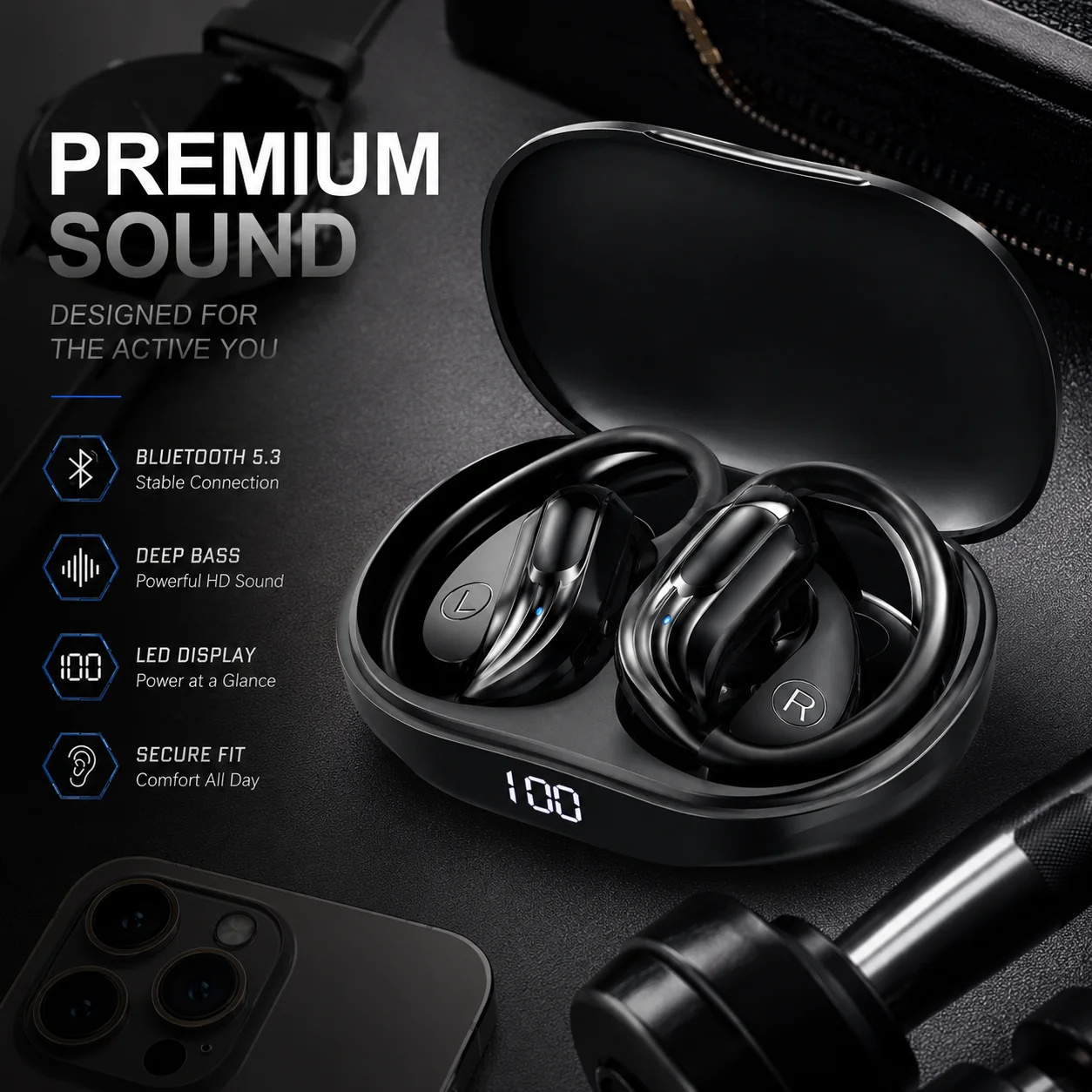 Wholesale Wireless Headphones Bluetooth 5.4 Earphones True with Mic Button Control Noise Reduction Earhooks Waterproof Headset