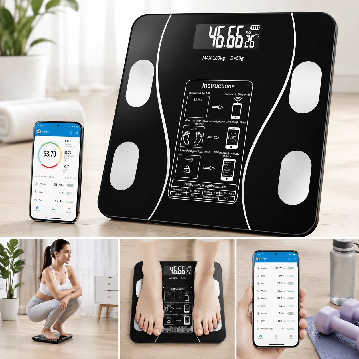 Balança Digital Inteligente de Bioimpedância, 8 Medições, Monitoramento via App, Para Peso e Gordura Muscular