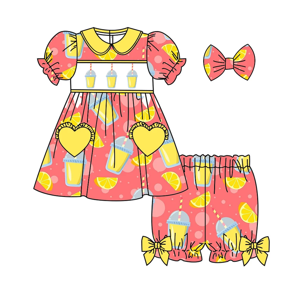 Boutique Kids Set Popsicle And Drink Print Smock Set Toddler Girls Bow Decoration Kids