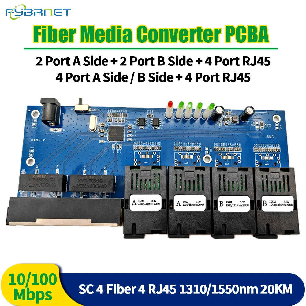 

10/100Mbps Single Mode Fiber Switch 4F4E Fiber Port 20KM SC Optical Media Converter PCBA Fast Ethernet Simplex/Duplex