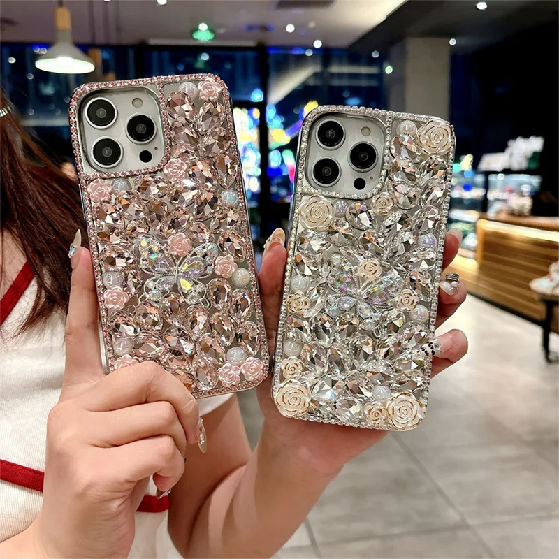 

Luxury Crystal Diamond Butterfly Rose phone case for iPhone 16 15 13 14 12 11 Pro Max Plus shockproof silicone cute back cover