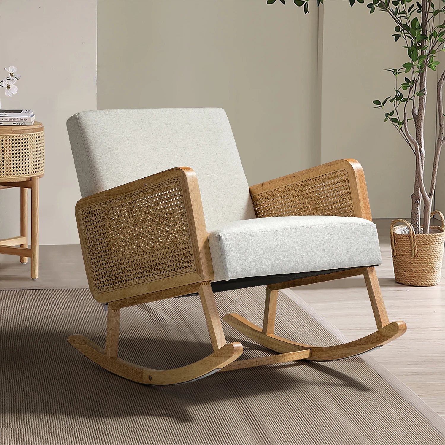 [Flash Sale]Trachin Rocking Chair with Rattan Arms Fabric Sofa Ideal for Living Room[US-W]